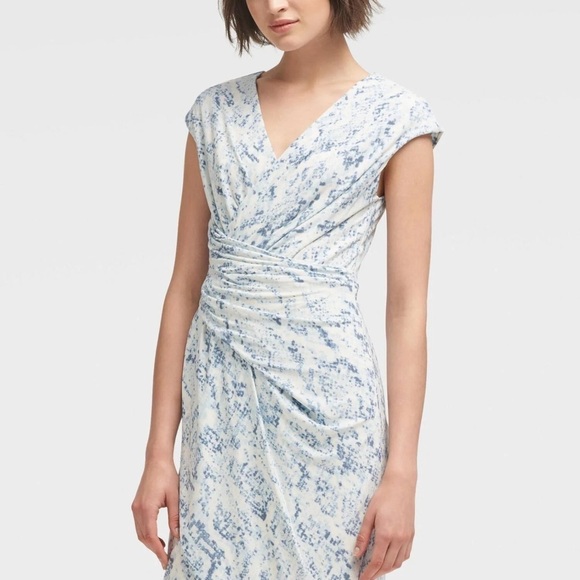 DKNY Blue & White Surplice Sleeveless Ruched Tulip Hem Cocktail Dress, 12 - Picture 2 of 16